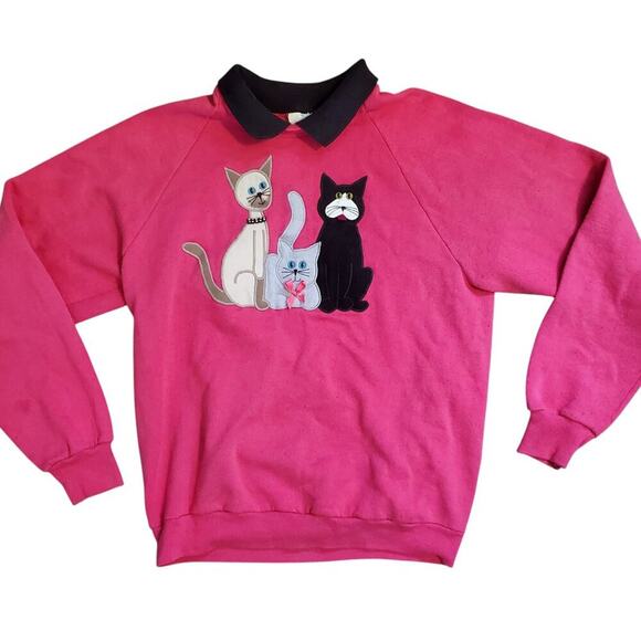 Vintage 80s Cute Kitty Cat Embroidered Pink Crew Neck Sweatshirt Kitschy - Picture 1 of 14